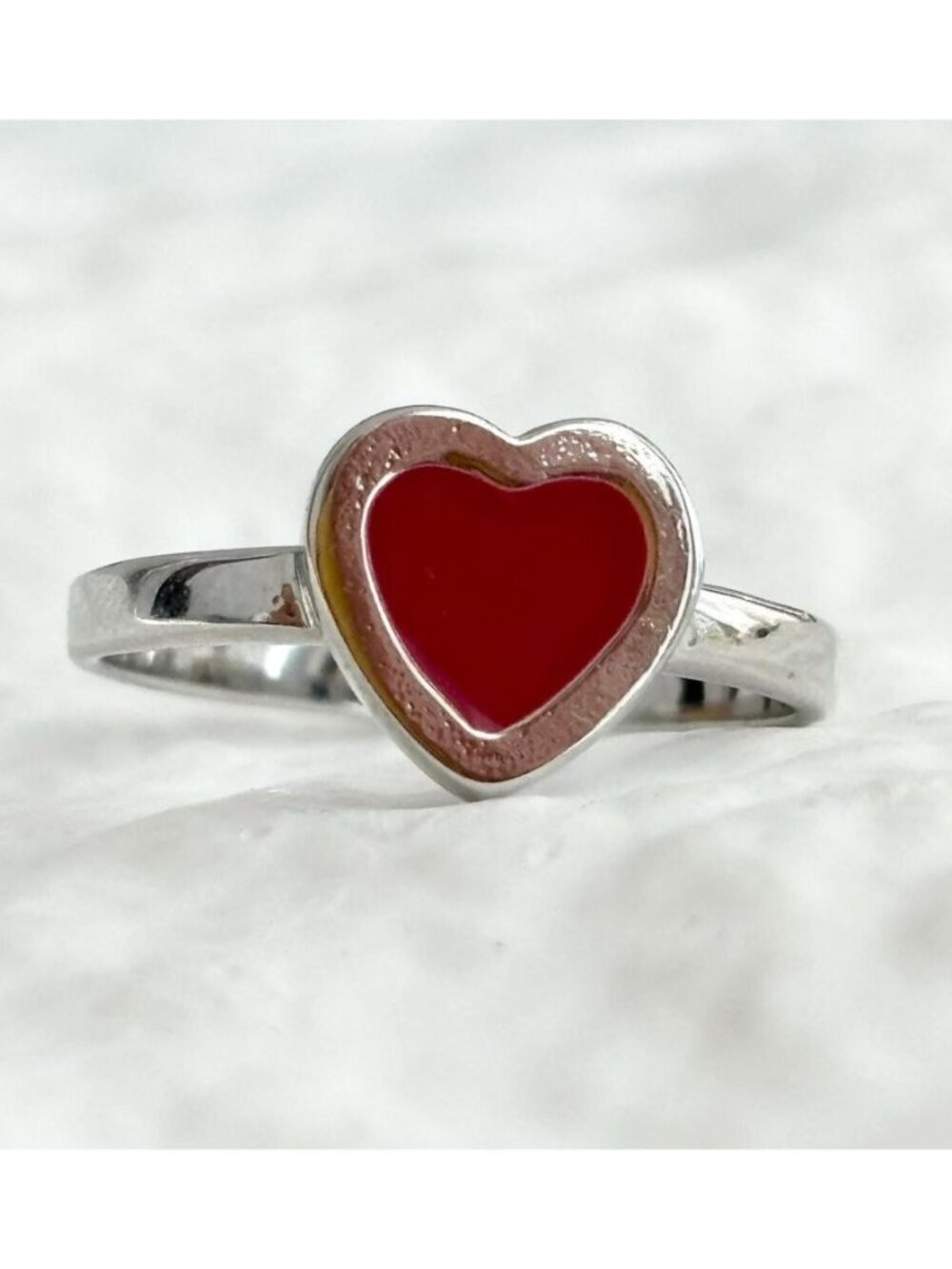Enamel Heart Shaped Minimalist Solitaire Sterling Silver 925 Vintage Ring - sz 6